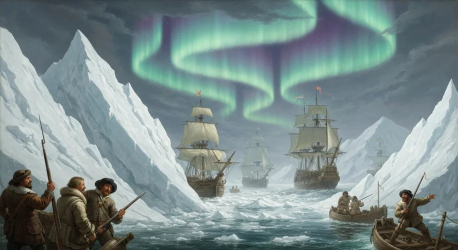 A painting depicting 17th-century sailing ships navigating through treacherous Arctic ice floes, wit