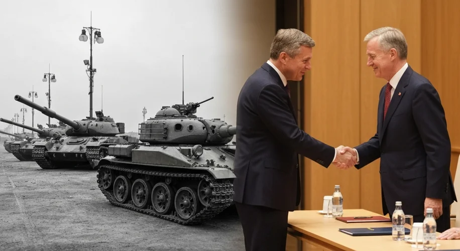 A split image: one side shows a tense standoff between Soviet and American tanks at Checkpoint Charl