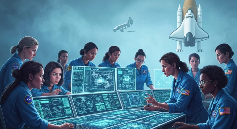 A diverse group of female NASA engineers and scientists working collaboratively around a large compu