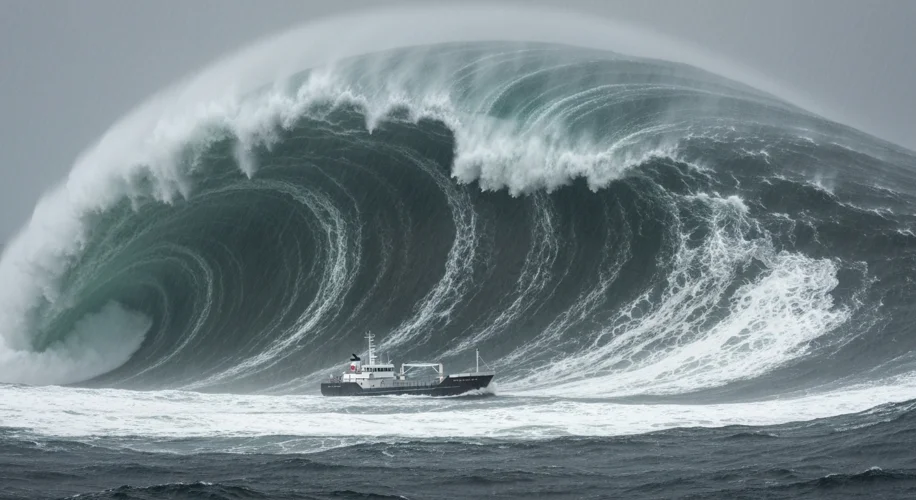 A dramatic depiction of a massive, steep rogue wave towering over a small, modern cargo ship in a st