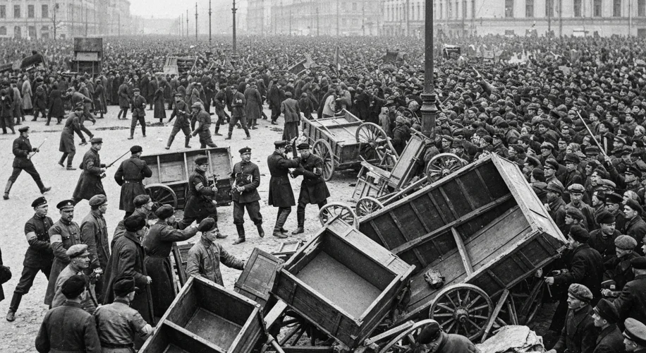 A grainy, black-and-white photograph depicting a chaotic street scene in Petrograd during the 1917 O