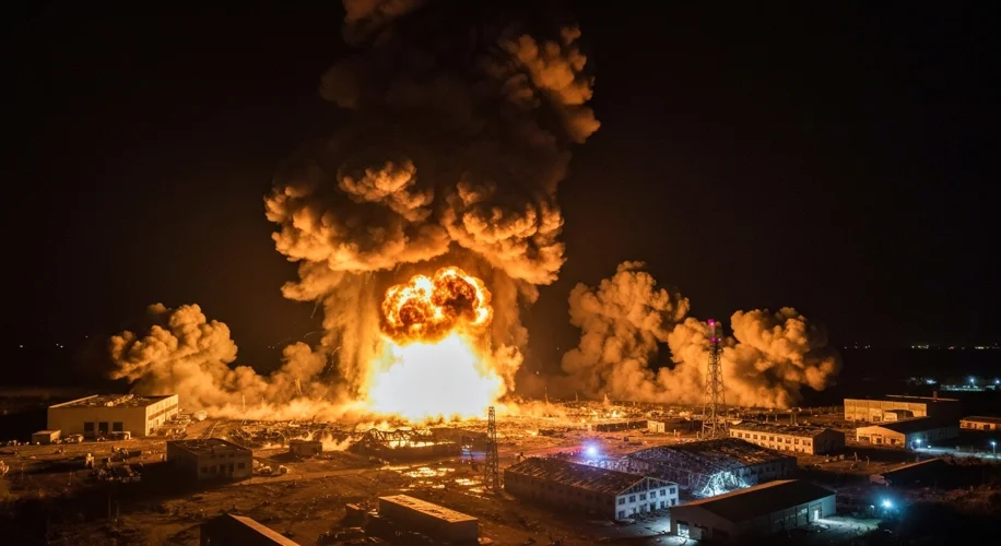 An aerial view of a massive explosion at a military ordnance works at night, with fiery plumes risin