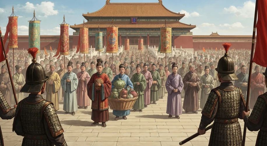 A detailed illustration of a diplomatic procession from a tributary state approaching the Forbidden 