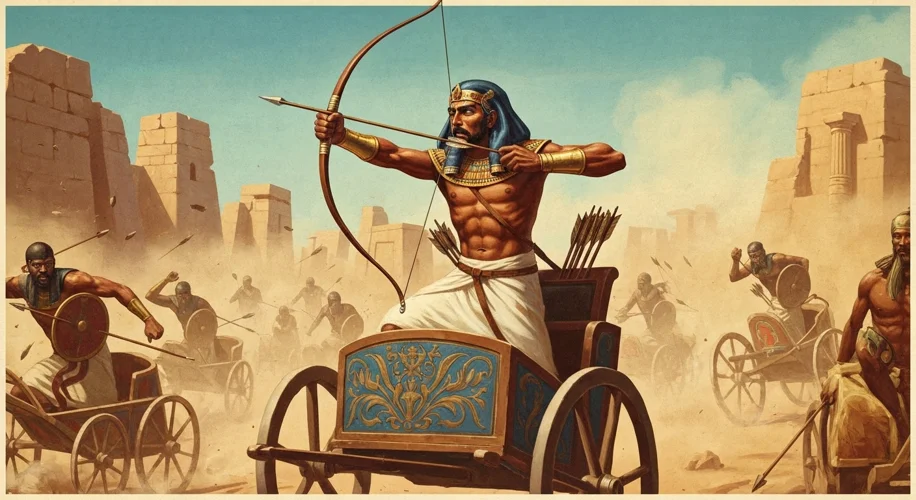 Close-up of Ramesses II in his chariot, drawing his bow and firing arrows at attacking Hittite chari