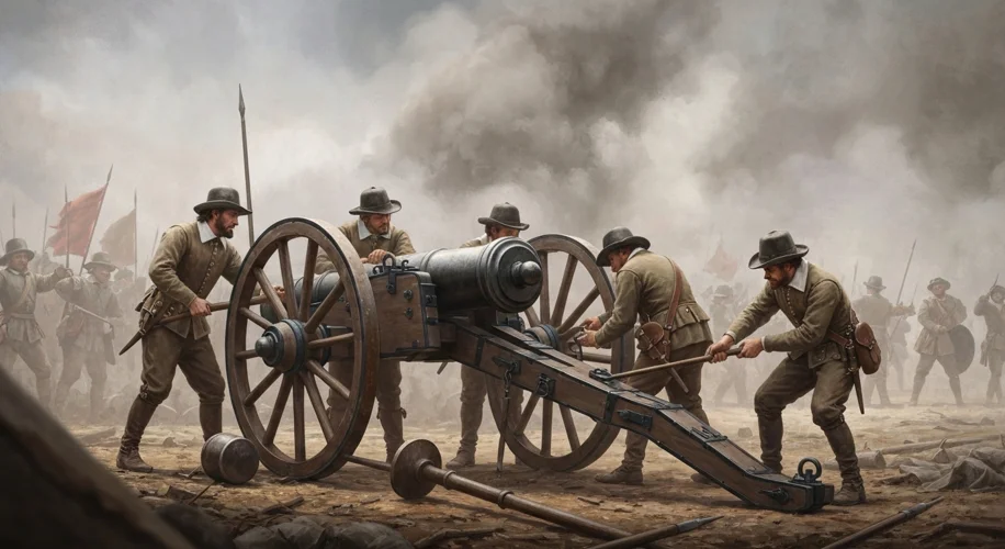 A detailed illustration of a 17th-century European cannon crew in action during a battle, showing th
