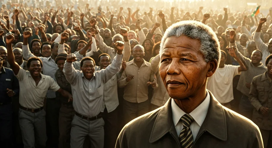 A powerful, evocative image of Nelson Mandela walking free from prison, looking determined, with a d
