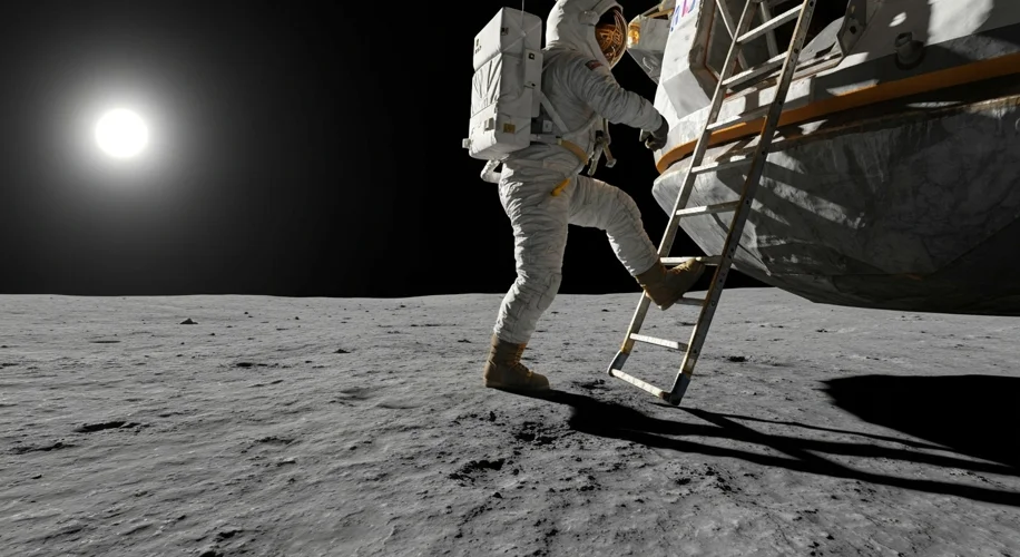 A photograph of Neil Armstrong descending the ladder of the Apollo 11 lunar module, his boot just ab