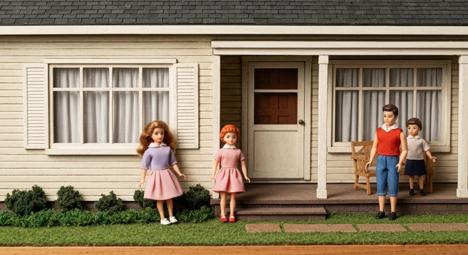 A mid-20th century American dollhouse, perhaps a ranch-style or colonial revival, with a family of p