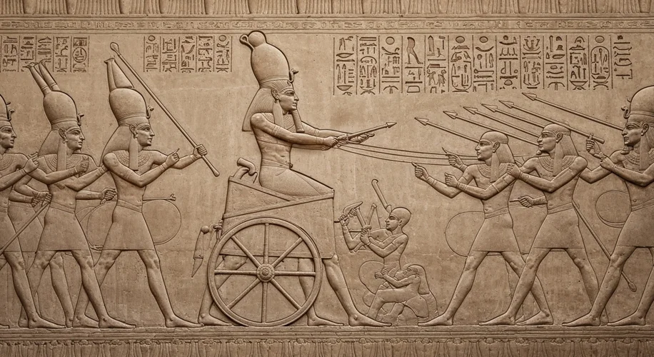 A grand temple relief depicting Ramesses II in his chariot, celebrated by his soldiers after a battl