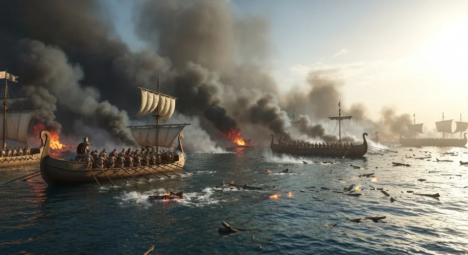 A naval battle scene from the First Punic War, with Roman quinqueremes engaged against Carthaginian 