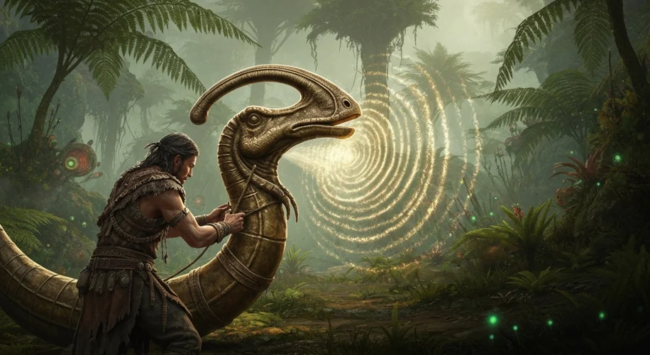 A musician playing a large, elaborate brass instrument shaped like a Parasaurolophus crest, producin