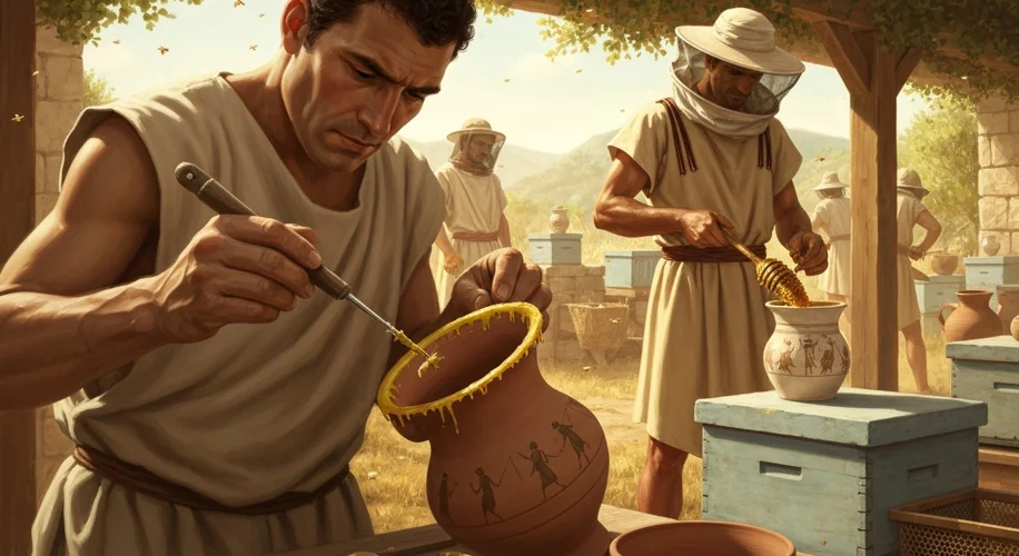 A scene from ancient Greece depicting a potter using beeswax to seal a kylix (drinking cup) and a be