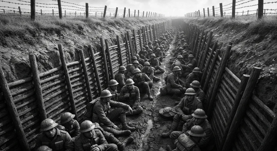 A stark, black and white photograph depicting rows upon rows of soldiers in a muddy, desolate trench