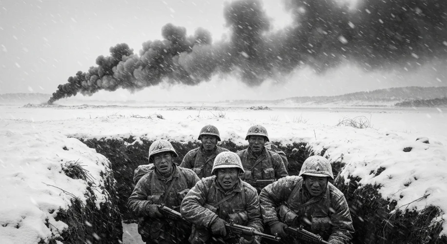 A dramatic, high-contrast depiction of UN soldiers huddled in a snow-covered trench during a harsh K