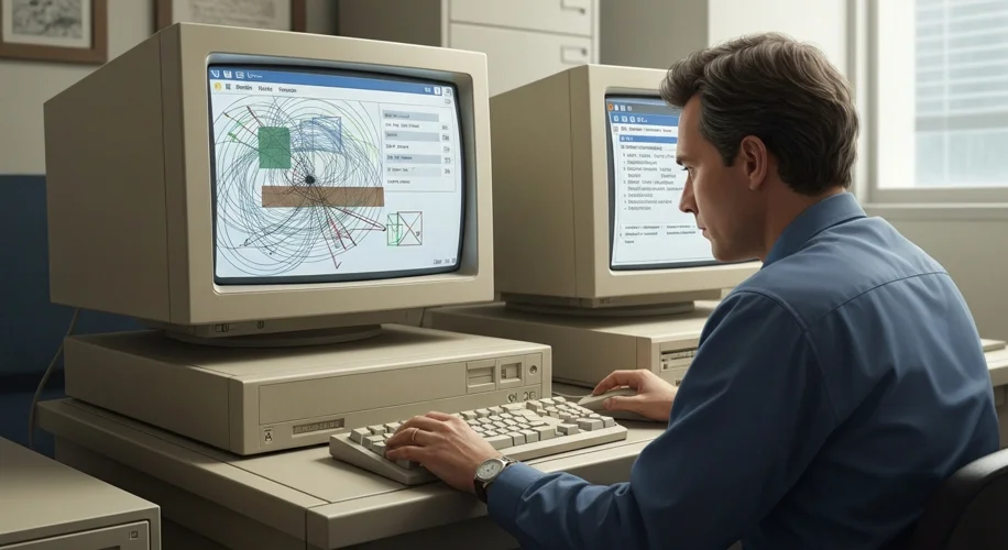 Tim Berners-Lee working at a computer in the early 1990s, with early web browser interfaces visible 