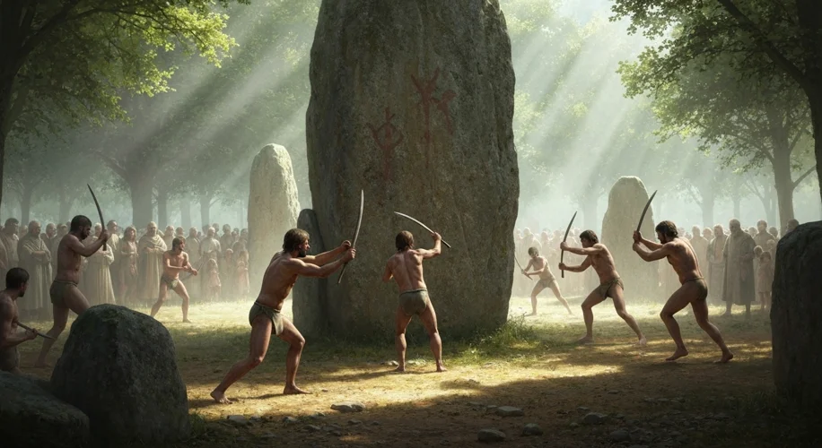 A dramatic reconstruction of a Neolithic ritual in ancient France, showing figures engaged in acts o