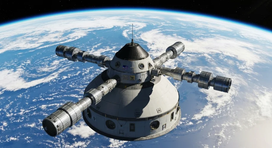 A detailed illustration of a proposed Gemini Orbital Workshop, featuring a modified Gemini capsule d