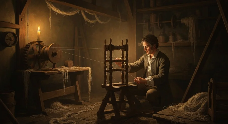 A dimly lit 18th-century English workshop, with James Hargreaves examining his newly invented Spinni