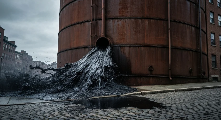 A towering, rusty, 50-foot-tall molasses storage tank in Boston's North End, circa 1919, with a dark