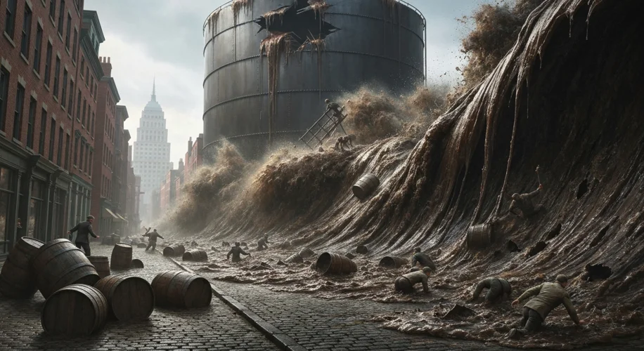 A towering wave of dark molasses crashing through a 1919 Boston street, carrying debris and people, 