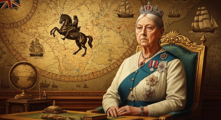 A majestic portrait of Queen Victoria in her later years, exuding regal authority, with a backdrop o