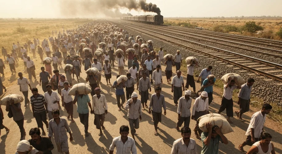 A bird's-eye view of a vast, confused crowd of people, some carrying bundles, others weeping, walkin