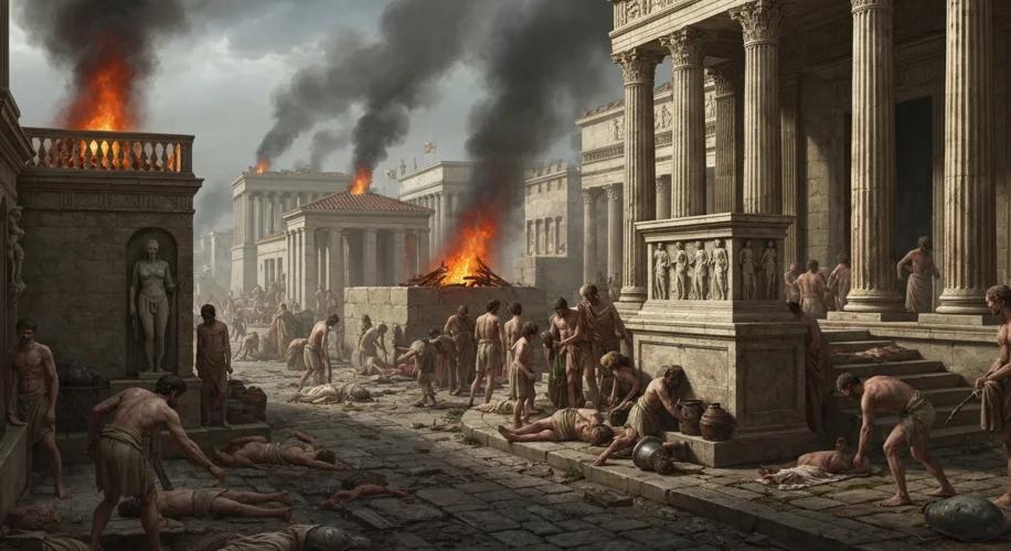 A depiction of Athenian citizens suffering from a plague within the city walls, with smoke rising fr