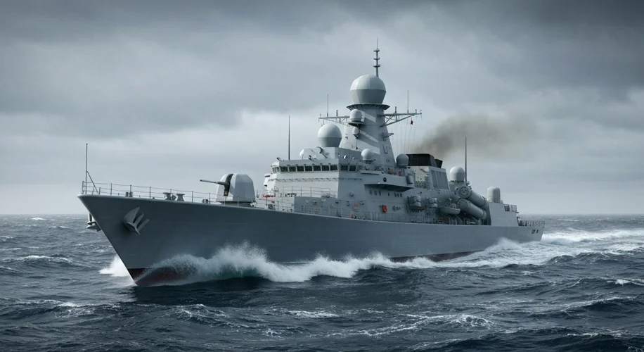A sleek, modern warship, resembling the British Type 26 frigate, sails through rough, choppy seas un