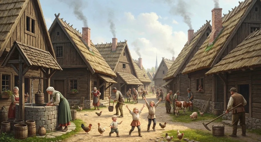 A bustling medieval Central European village scene. Wooden houses with thatched roofs are clustered 