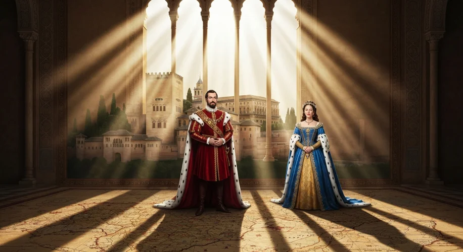 Depiction of Ferdinand II of Aragon and Isabella I of Castile, dressed in regal attire, standing bef