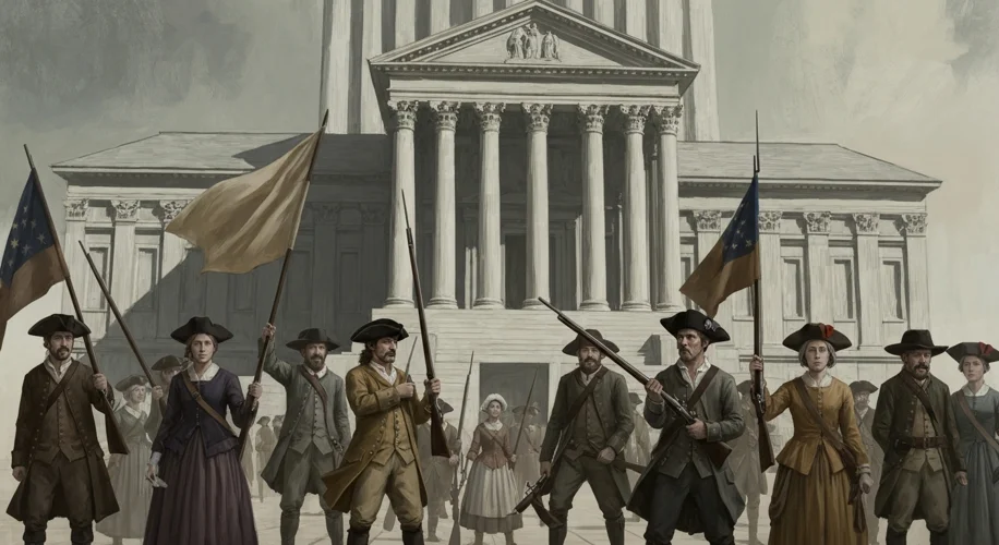 An artistic rendering of a historical American protest, featuring figures in colonial attire holding