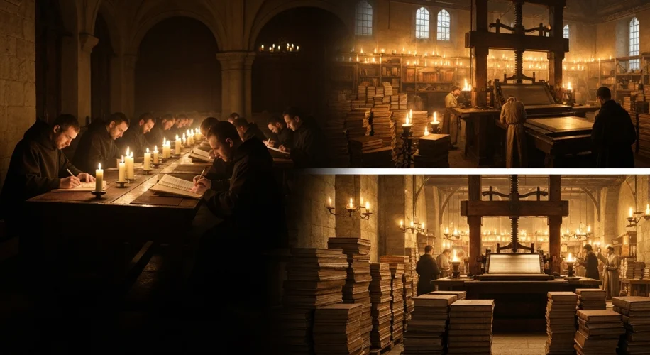 A dimly lit medieval scriptorium with monks painstakingly copying manuscripts by hand, contrasted wi