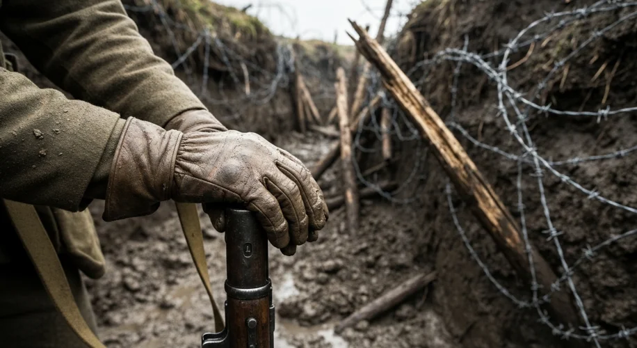 A close-up, gritty photograph of a British soldier's mud-caked hands wearing worn leather gloves, re