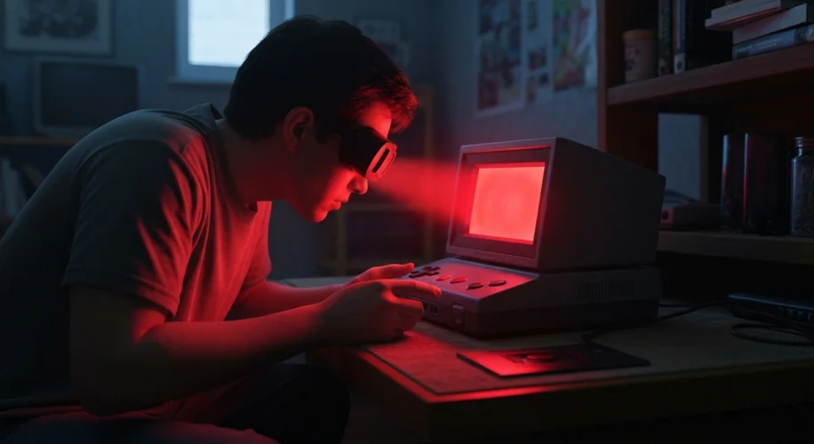 A dimly lit room with a person wearing the Nintendo Virtual Boy headset, hunched over the console, w