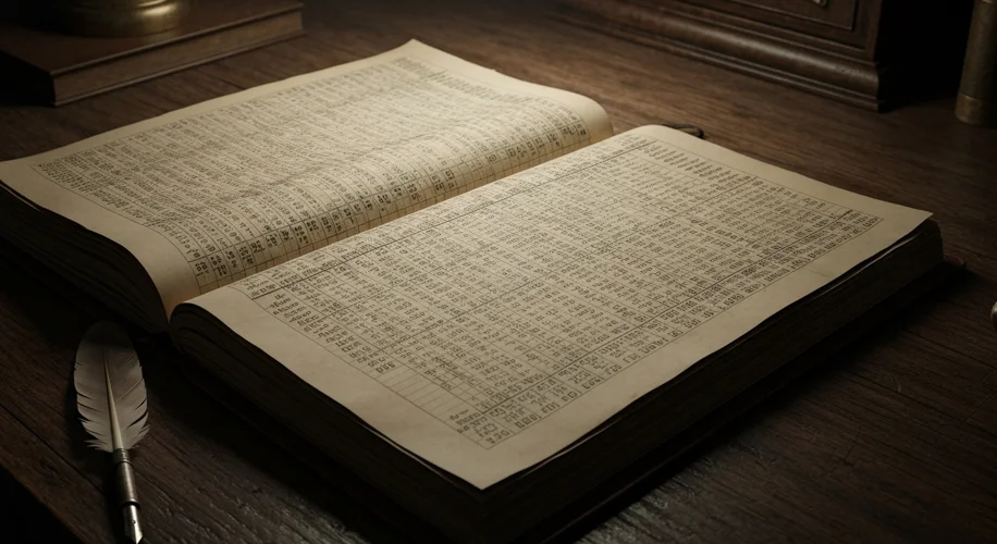A dimly lit 18th-century shipping ledger is open on a wooden desk. Columns of numbers detail ship na