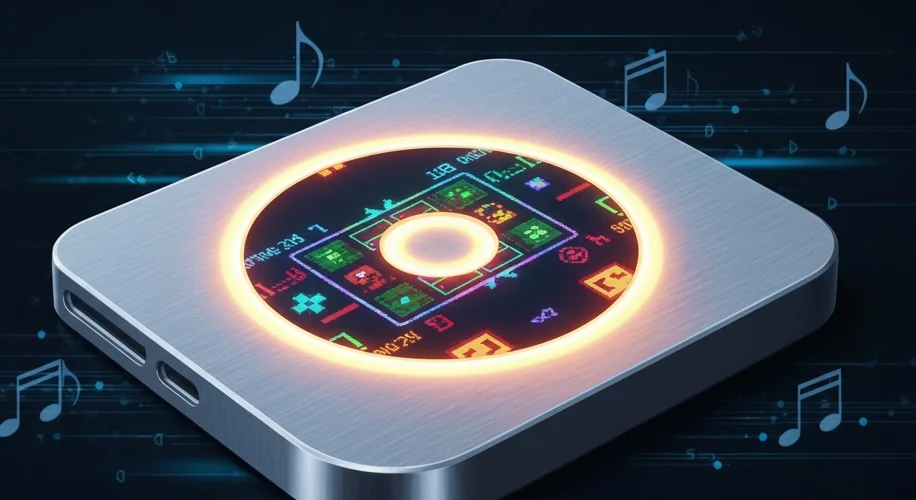 An artistic rendering of an Apple iPod Classic with its iconic click wheel glowing, displaying a col