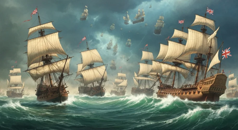 A dramatic depiction of the Spanish Armada being scattered by storms and English ships during a nava