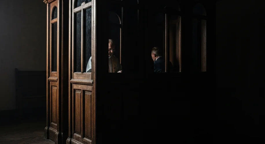 A dimly lit, old-fashioned confessional booth in a Catholic church. A shadow of a priest's figure is