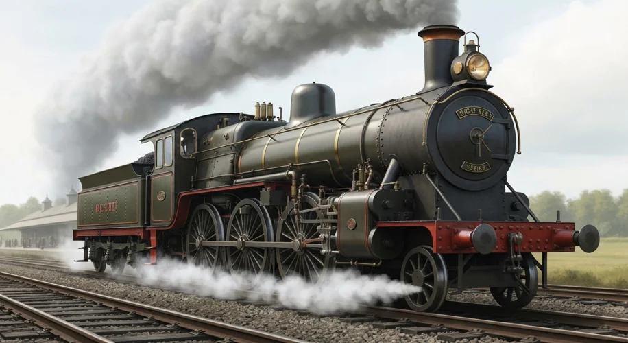 A close-up, detailed illustration of Stephenson's "Rocket" locomotive, highlighting its innovative d