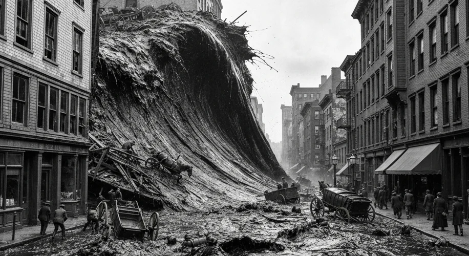 A dramatic, historically accurate depiction of the Great Molasses Flood in Boston's North End, with 