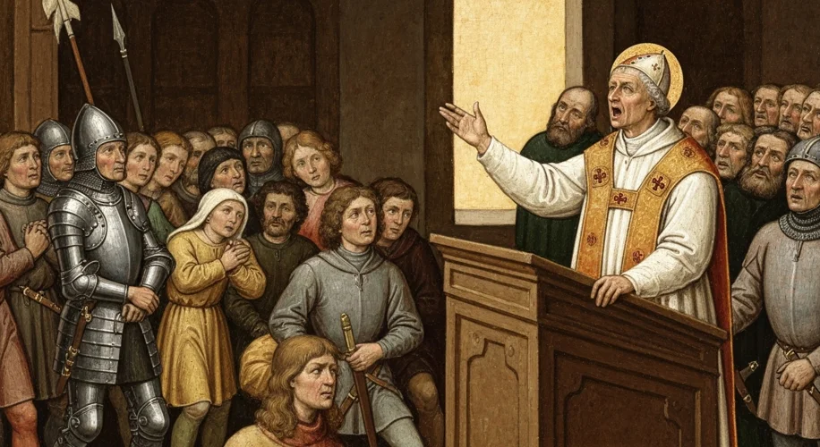A medieval painting depicting Pope Urban II delivering his rousing speech at the Council of Clermont