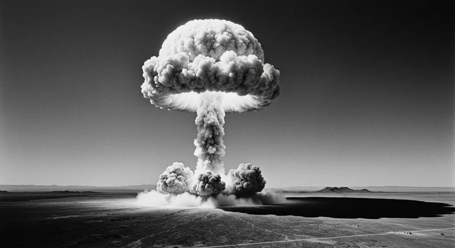 A black and white, dramatic image of the Trinity atomic bomb test. A massive mushroom cloud is risin