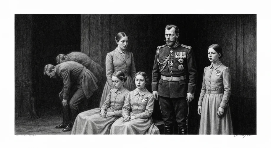 A stark, black and white image depicting the execution of Tsar Nicholas II and his family, hinting a