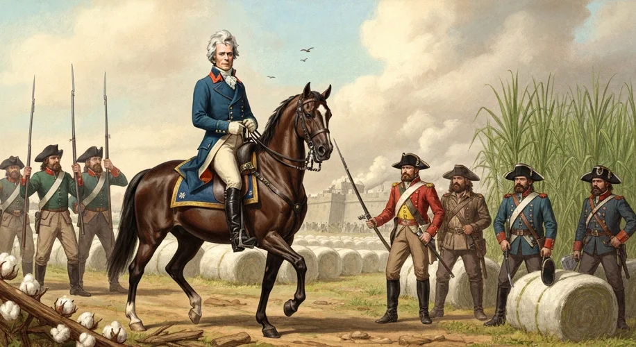 Andrew Jackson, stern and imposing, stands on horseback, surveying the American defenses in front of