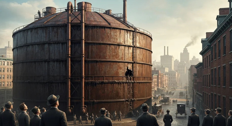 A massive, rusted steel molasses tank in Boston's North End, with visible leaks and residents lookin