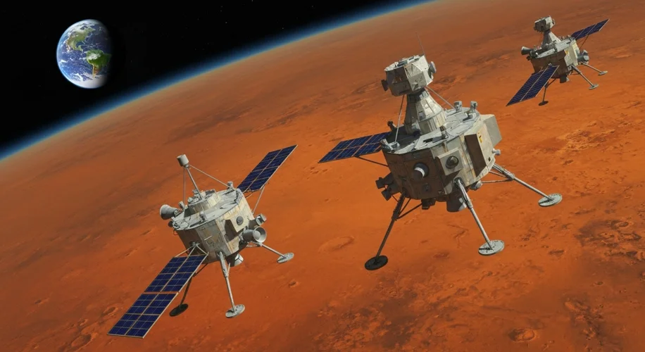 A vintage illustration of the Viking spacecraft in orbit around Mars, with Earth visible in the dist