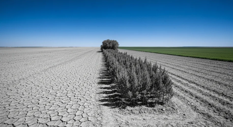 A stark black and white photograph shows rows of newly planted trees acting as a windbreak, separati