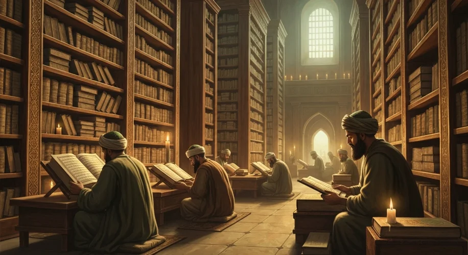 An illustration of early Islamic scholars studying the Quran in a grand library, with scrolls and bo