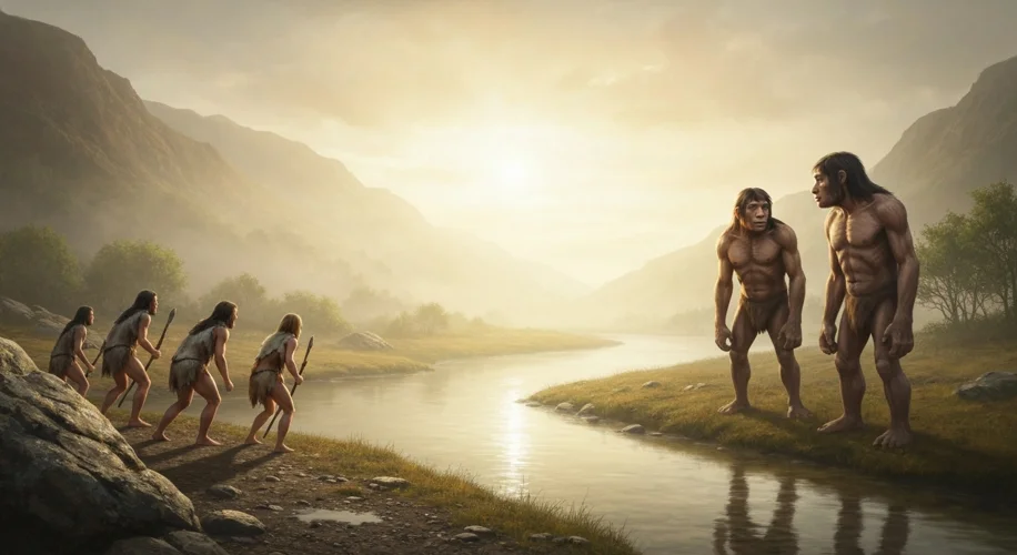 A depiction of early Homo sapiens and Neanderthals cautiously interacting in a prehistoric landscape