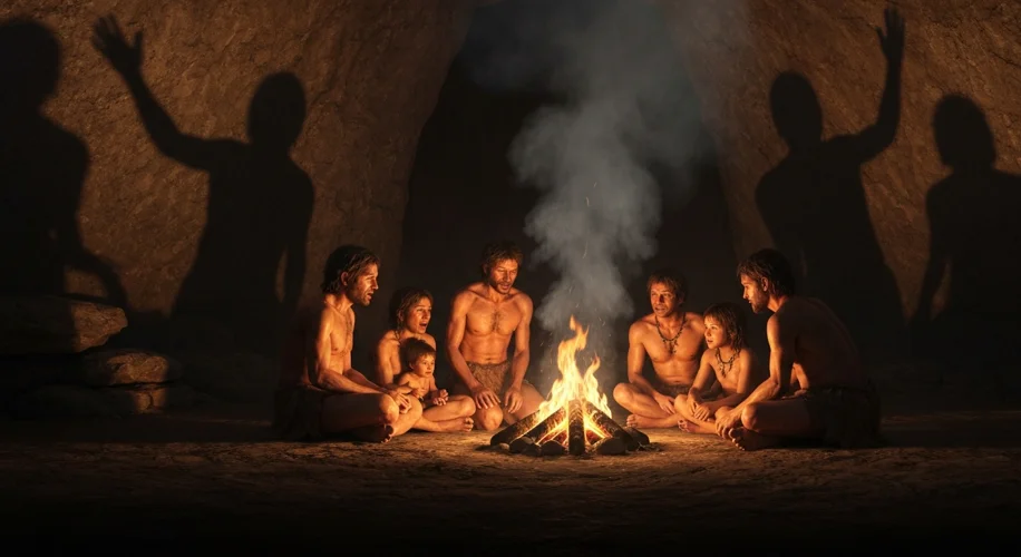 An early human family huddled around a controlled fire in a dark cave, with shadows dancing on the w